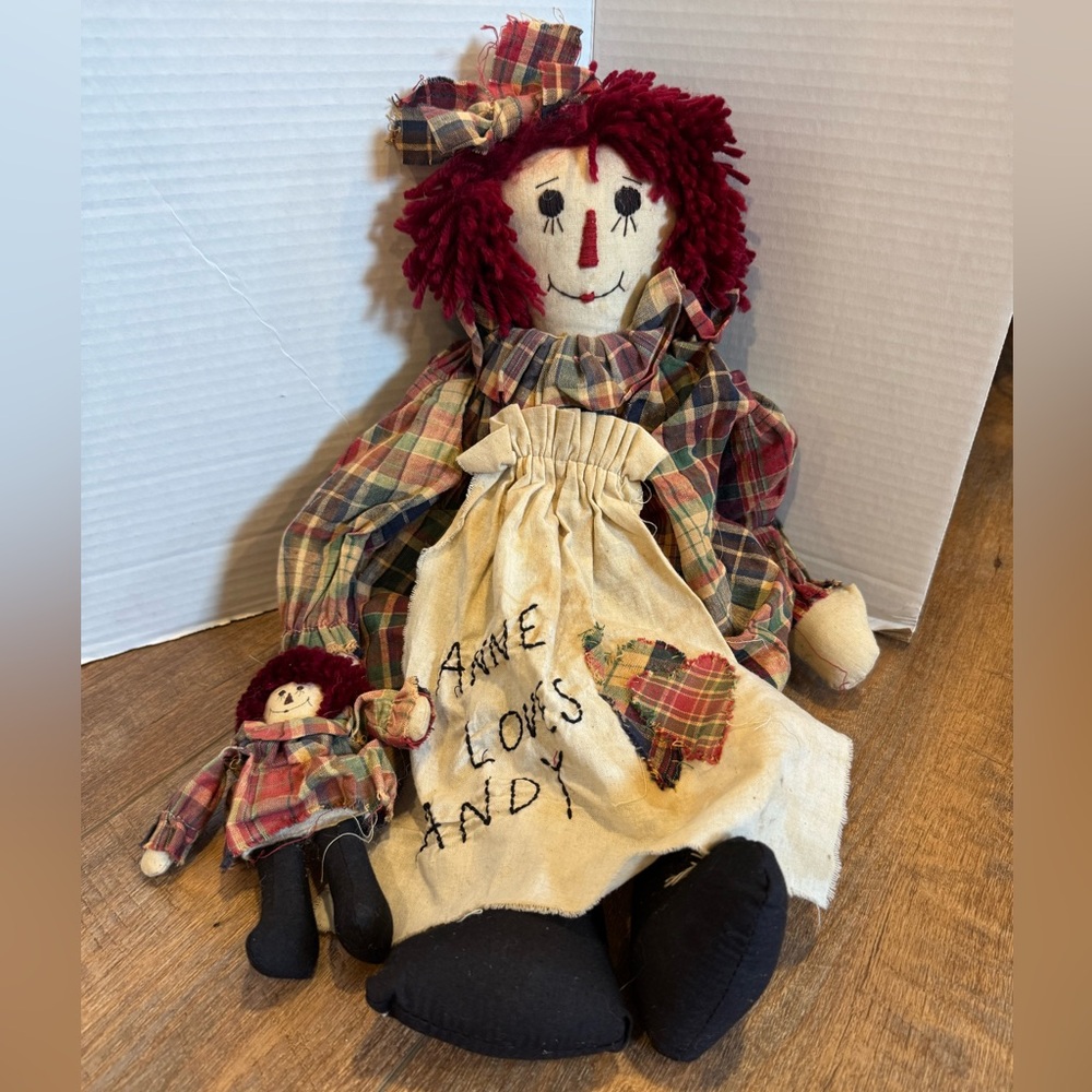 Vintage Handmade Raggedy Ann Doll With Plaid Dress with “Anne Loves Andy” Doll